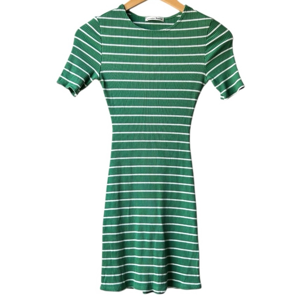 Reformation Green and White Striped Ribbed Mini Dress